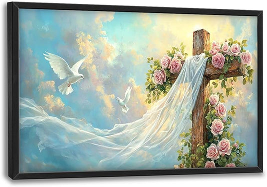 Christian Cross Large Wall Art Religious Faith Hope Pictures Wall Decor Dove Flowers Heaven Canvas Painting Prints Framed Artwork Home Church Decorations for Prayer Bedroom Living Room 36"x24"