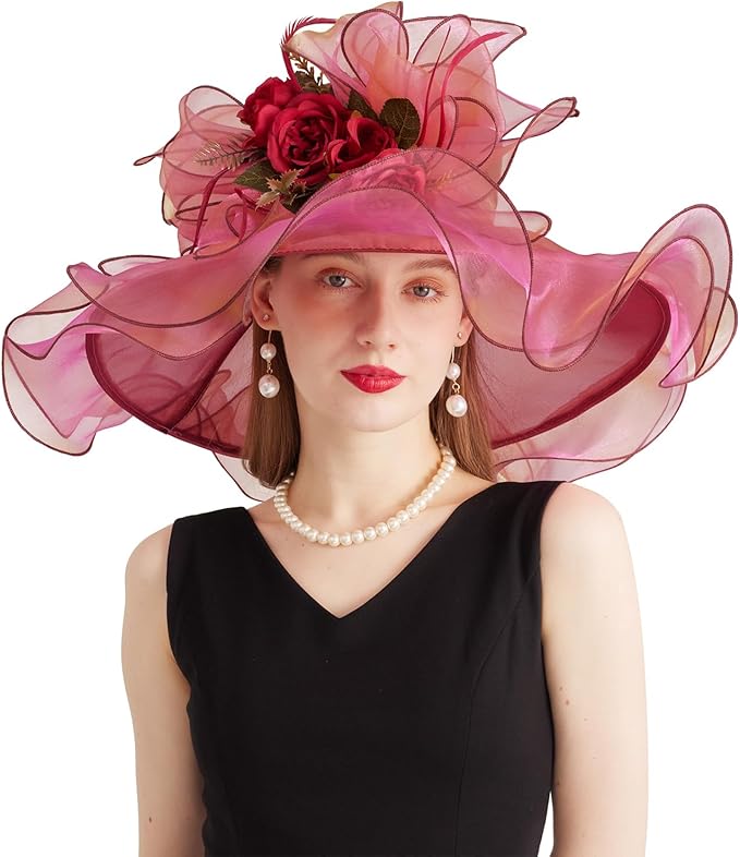 Organza Derby Hats for Women Wide Brim Fascinator Hat Rose Flower Wedding Tea Party Hat