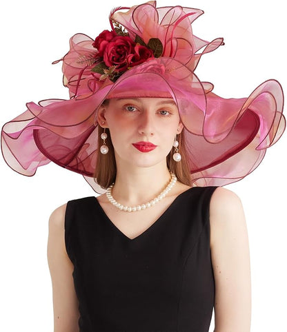 Organza Derby Hats for Women Wide Brim Fascinator Hat Rose Flower Wedding Tea Party Hat