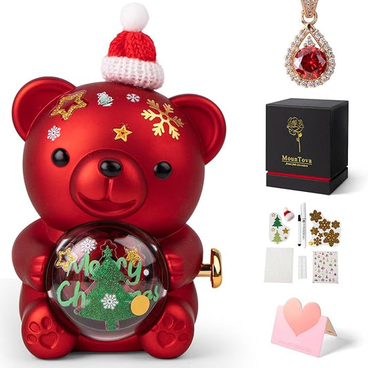 Christmas Teddy Bear with Preserved Rose, DIY Bear Roses Gift Set with Hidden Jewelry Box, Santa Hat & Stickers, for Women, Girlfriend, Wife, Forever Eternal Rose Flower Decor
