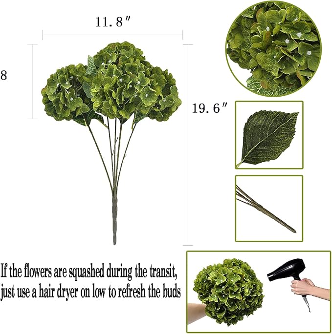2Bouquets Artificial Fake Flowers Plants Silk Hydrangea Arrangements Wedding Bouquets Decorations Plastic Floral Home Kitchen Garden Party Festival Bar DIY(Olive Green,5 Flower Heads)