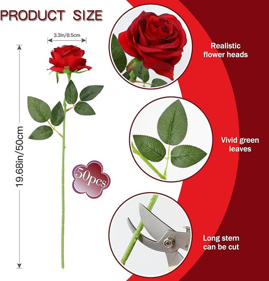 50PCS Artificial Silk Roses in Bulk & Bouquet Long Stem – Realistic Fake Roses for Wedding Centerpieces, Home Decor, Floral Arrangements, Party Decoration (Burgundy)