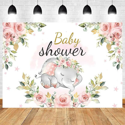 9x6ft Elephant Baby Shower Backdrop for Girl Pink Flowers Photography Background Newborn Girls Birthday Banner Decorations Sweet Princess Baby Party Portrait Photo Booth Prop