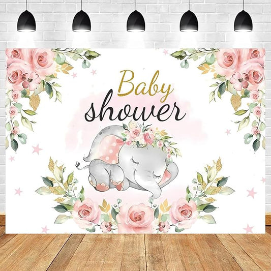 8x6ft Elephant Baby Shower Backdrop for Girl Pink Flowers Photography Background Newborn Girls Birthday Banner Decorations Sweet Princess Baby Party Portrait Photo Booth Prop