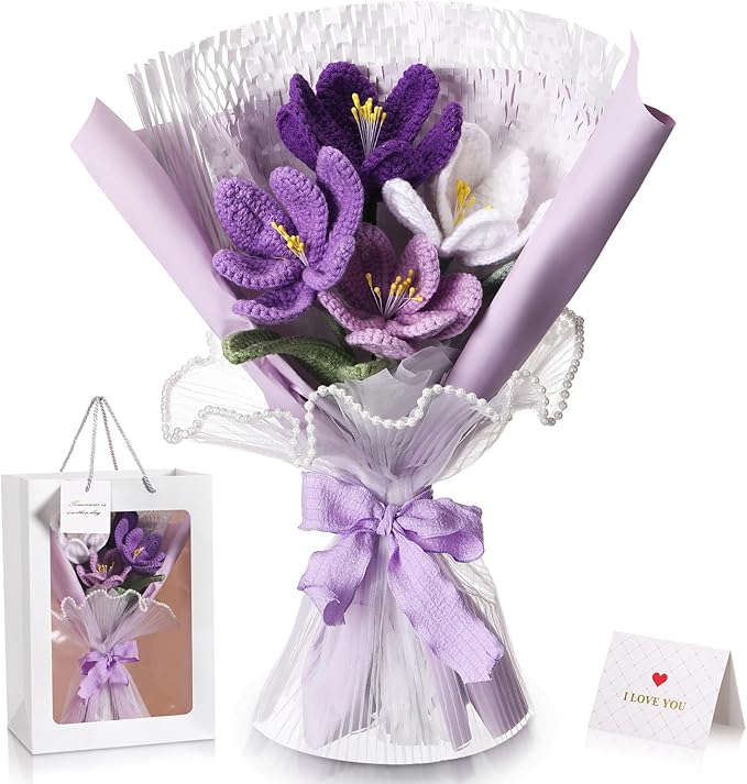 Crochet Flowers Bouquet Gift Christmas Crochet Flower Tulips Completed Handmade Knitted Bouquet with Card for Women Girlfriend Lover Appreciation Gift Birthday Wedding Teacher Decor(Purple)