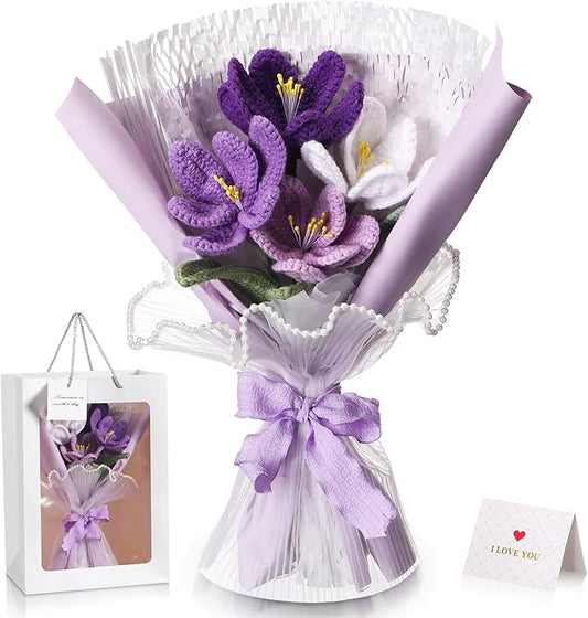 Crochet Flowers Bouquet Gift Christmas Crochet Flower Tulips Completed Handmade Knitted Bouquet with Card for Women Girlfriend Lover Appreciation Gift Birthday Wedding Teacher Decor(Purple)