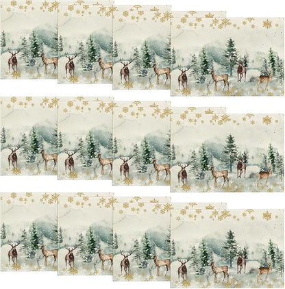 Artoid Mode Watercolor Deer Trees Snowflakes Christmas Placemats Set of 12, 12x18 Inch Seasonal Winter Table Mats for Party Kitchen Dining Decoration