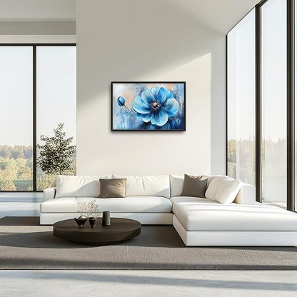 Extra Large Abstract Blue Flower Framed Wall Art for Living Room,Oversized Elegant Floral Pictures Wall Decor,Canvas Print Painting Modern Artwork Bedroom Office Bathroom 36L x 24W