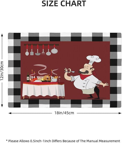 Chef Kitchen Linen Placemats Set of 4 Black White Buffalo Plaid Cooking Theme Placemats for Indoor Outdoor Party Home Desktop Dining Room Decor 12x18 Inch