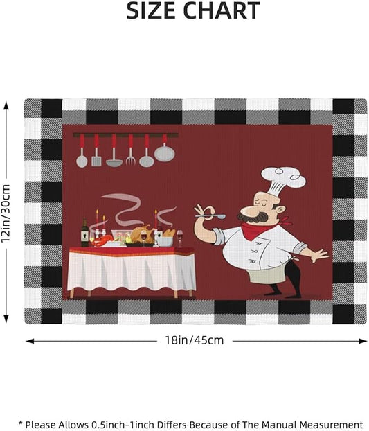 Chef Kitchen Linen Placemats Set of 6 Black White Buffalo Plaid Cooking Theme Placemats for Indoor Outdoor Party Home Desktop Dining Room Decor 12x18 Inch