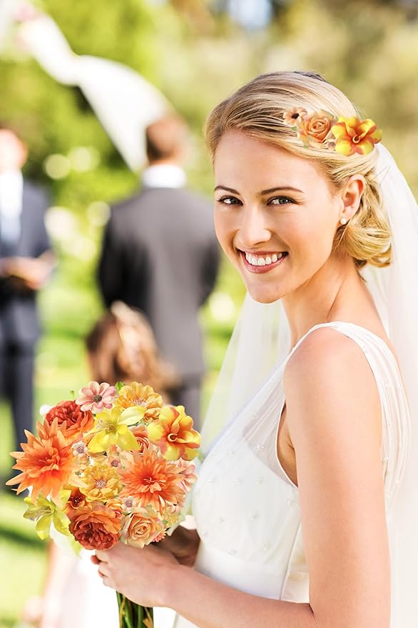 Fake Flower Heads Bulk - Orange Silk Daisy & Rose Fall Artificial Flower for Crafts, DIY, Graduation Cap, Wedding, Party, Cake Topper, Home Garland Decor