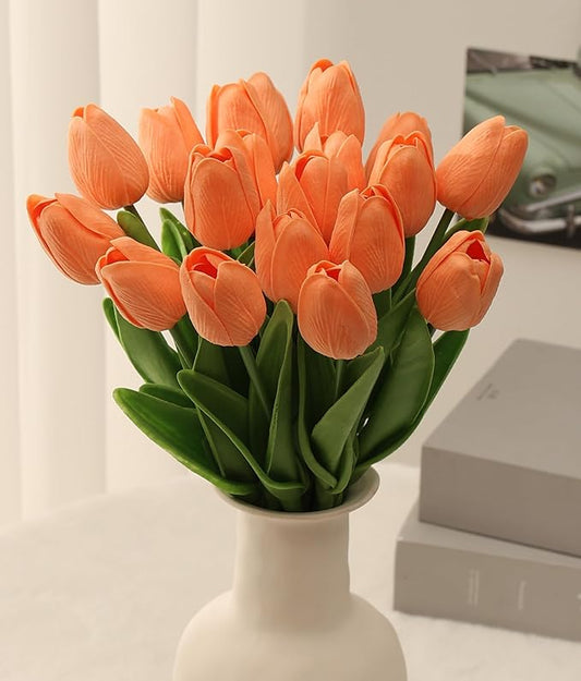 KAOYOO 18PCS Artificial Tulip Flowers Bouquet - Faux Latex Tulips for Home Decor,Office Desk,Kitchen Table,Wedding Centerpiece,Party,Spring Decoration(Orange,18 Pack)