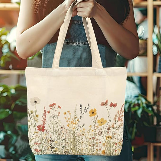 Aesthetic Floral Canvas Tote Bag for Women with Pocket, Tote Bags for Grocery Shopping Travel Christmas Birthday