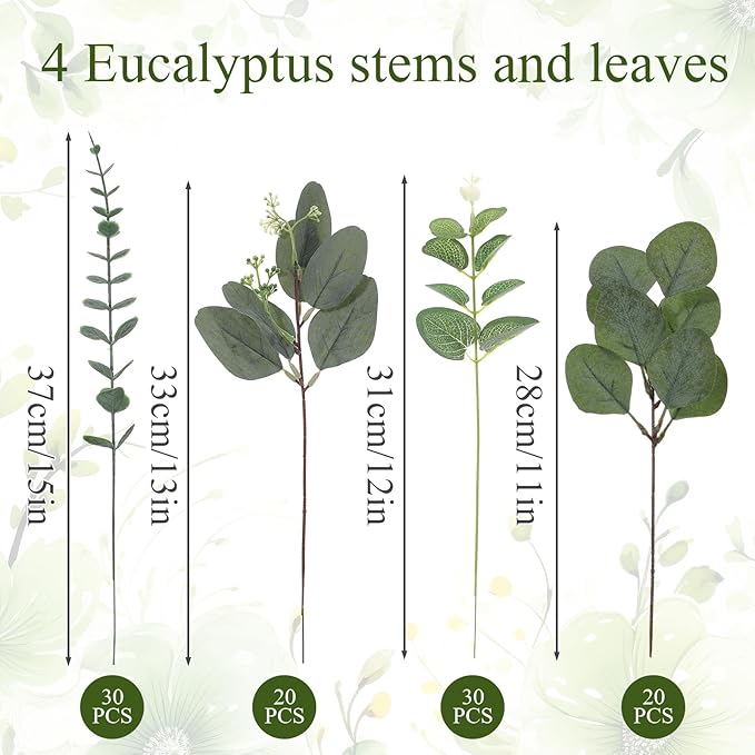 100pcs 4 Kinds Mixed Faux Eucalyptus Stems, Bulk Silver Dollar Artificial Eucalyptus Stems Green Faux Greenery Stems for Wedding Vase Bouquets Floral Arrangements