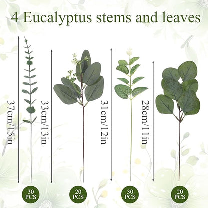100pcs 4 Kinds Mixed Faux Eucalyptus Stems, Bulk Silver Dollar Artificial Eucalyptus Stems Green Faux Greenery Stems for Wedding Vase Bouquets Floral Arrangements