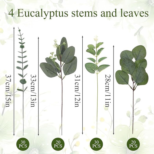 100pcs 4 Kinds Mixed Faux Eucalyptus Stems, Bulk Silver Dollar Artificial Eucalyptus Stems Green Faux Greenery Stems for Wedding Vase Bouquets Floral Arrangements