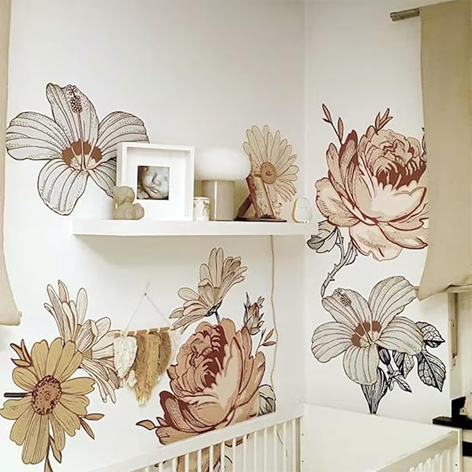 Vintage Peony Flower Wall Sticker,Large Retro Floral Wall Decal with Roses,Daisies and Wildflowers for Bedroom,Living Room,Nursery or Entryway,iinuu Romantic Cottagecore Decor