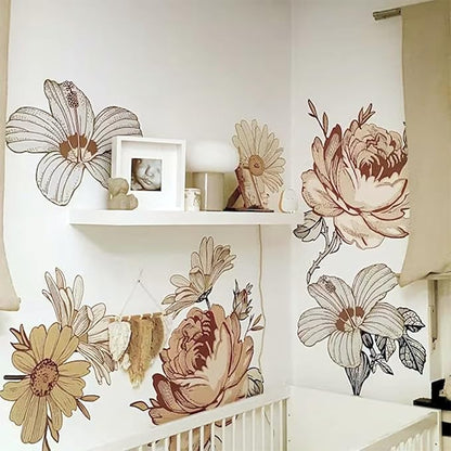 Vintage Peony Flower Wall Sticker,Large Retro Floral Wall Decal with Roses,Daisies and Wildflowers for Bedroom,Living Room,Nursery or Entryway,iinuu Romantic Cottagecore Decor