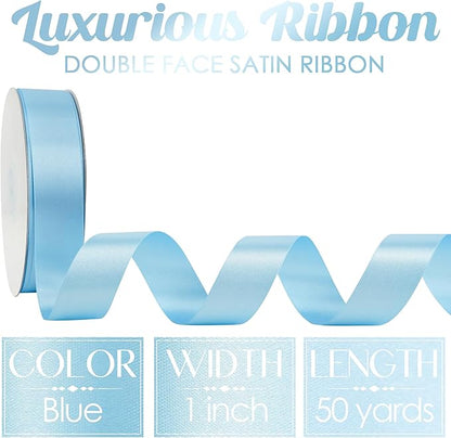 MEEDEE Blue Ribbon 1 Inch Light Blue Satin Ribbon Lux Double Faced Satin Ribbons by 50 Yards Polyester Blue Wrapping Ribbons for Crafts, Weddings, Flower Bouquet, Holiday Decorating