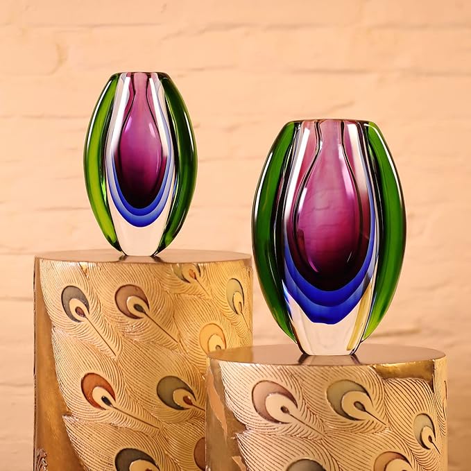 Luxury Lane Hand Blown Sommerso Oval Art Glass Vase for Decor Centerpiece Table Decoration Purple 10 inch Tall