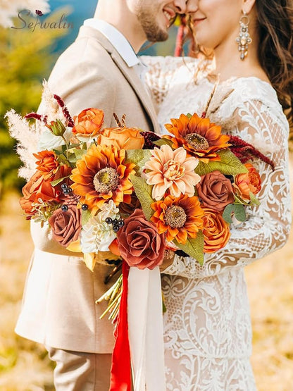 Serwalin Sunflower Artificial Flowers Burnt Orange Fall Flowers Fake Cake Flowers for DIY Wedding Bridal Bouquet Centerpieces Floral Arrangement Fall Decor Baby Shower Home Decor