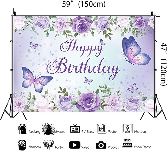 5x4Ft Purple Butterfly Birthday Banner Backdrop for Women Girl Purple Happy Birthday Backdrop Banner Rose Flowers Butterfly Decortions for Girl 's Party 59×47 inch