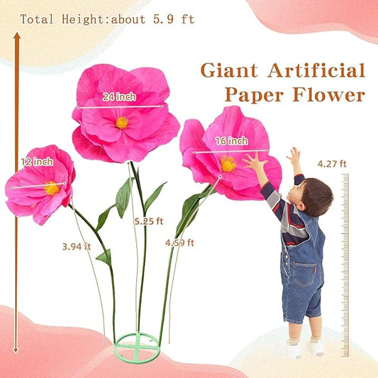 5.9 Ft Large Paper Artificial Flowers,Giant Flowers for Decoration,Standing Huge Handcrafted Poppy Flowers for Garden,Hotel,Office,Photography Props,Wedding,Art Gallery,Shop Window Display(Rose)