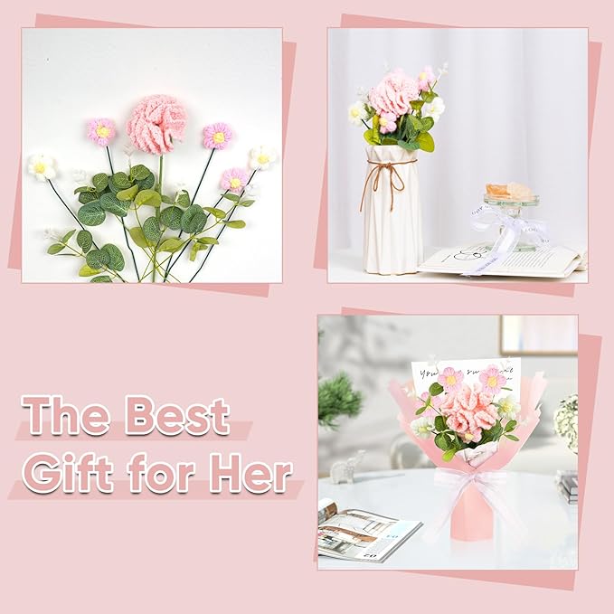 Crochet Flowers Bouquet,Handmade Carnation Flowers Knitted Artificial Crochet Flowers Present for Mother's Day Valentine's Day Birthday Home Decor(Medium-Pink Carnation)