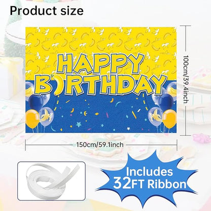 Birthday Party Backdrop Banner, Yellow and Blue Design with Balloons, 59.1 x 39.4 inches, Photo Background with 32ft Ribbon