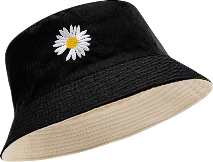 Flower Reversible Bucket Hat Cotton Summer Travel Beach Sun Hats Emboridery for Women Men