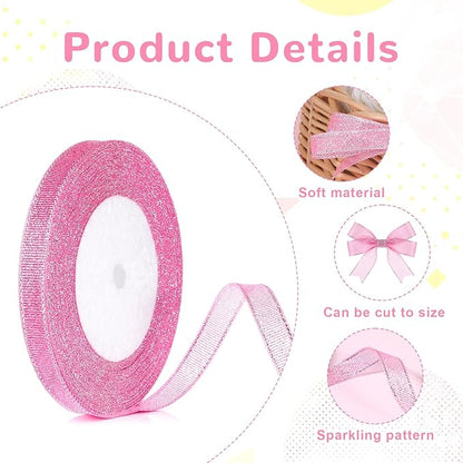 Pink and Silver Glitter Ribbon, 3/8 Inch x 24 Yards Long Sparkly Metallic Fabric Ribbons for Christmas Decorations, Gift Wrapping, Floral Bouquets Birthday, Wedding Party and DIY Crafts