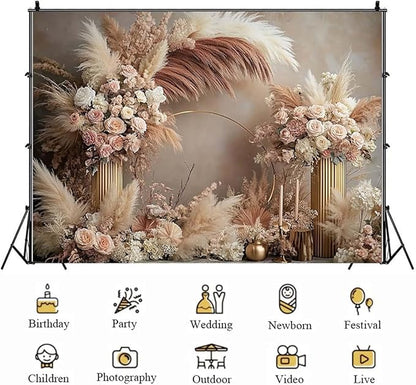 Boho Floral Wedding Backdrop Pampas Grass Flower Curtain Background Wedding Bridal Shower Anniversary Party Decoration Backdrop Newborn Baby Shower Pregnancy Photos Backdrop (5x3feet)