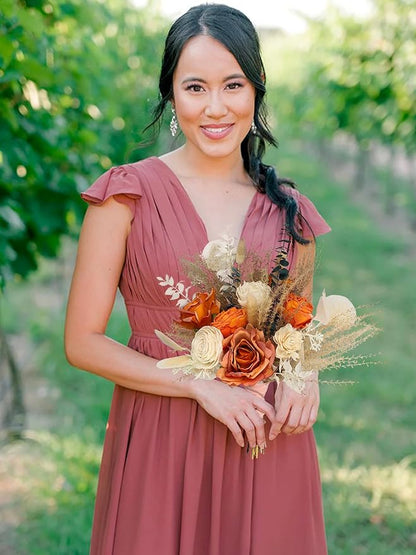 Rinlong Fall Wedding Bouquet for Bridesmaids Burnt Orange Dried Flower Bridesmaid Boho Terracotta Bouquet Wedding