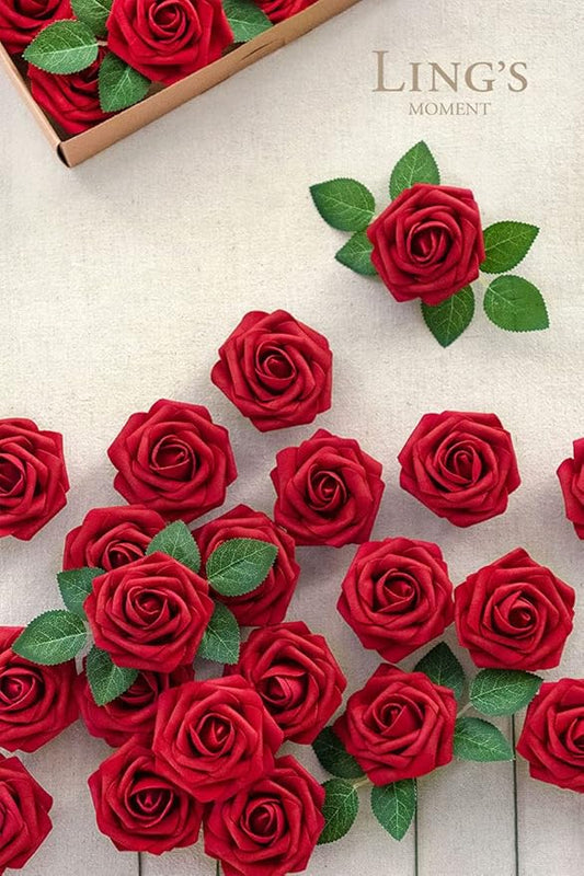 Ling's moment Christmas Artificial Flowers 25Pcs Dark Red Roses Decor w/Stems,3" Real Touch DIY Foam Floral for Wedding Bouquet/Centerpieces, Outdoors Party Backdrop, Room/Table Decorations