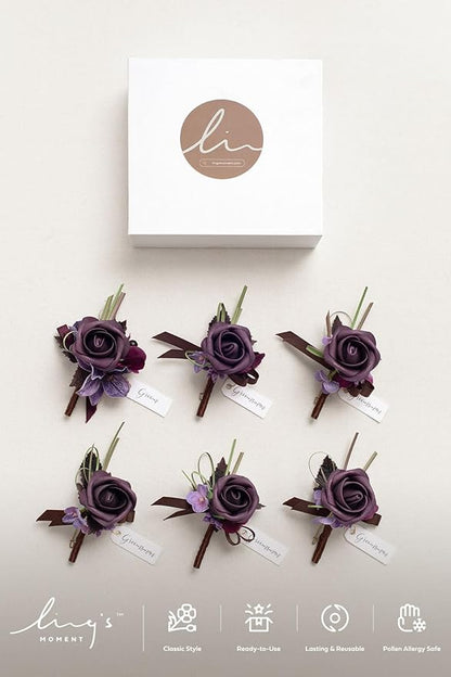 Ling's moment Boutonniere for Men, 6pcs Groom Groomsmen Boutonniere, Artificial Flowers for Wedding Decor/Prom/Homecoming, etc.Deep Purple