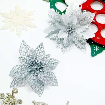 24Pcs Christmas Poinsettia Artificial Flowers and Glitter Berries Kit, 2 Styles Total 16Pcs Christmas Tree Flowers Ornaments, 8Pcs Christmas Tree Picks for Wedding Holiday Decorations, Silver