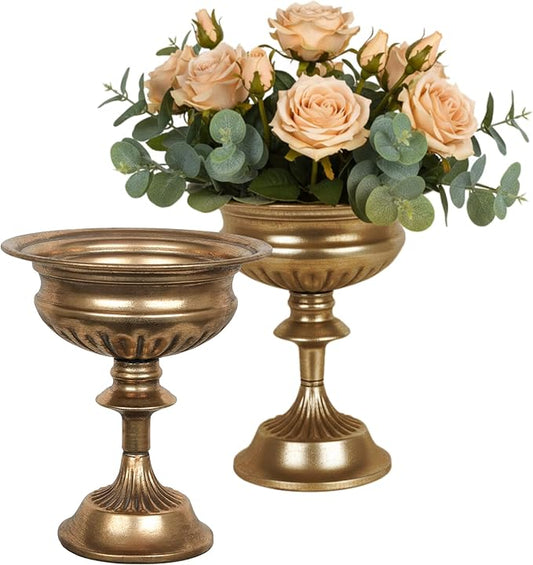 WORTH Small Urn Vases for Centerpieces Set of 2, Classic Metal Trumpet Flower Pots for Table, Bowl Vase for Wedding Party Event Home Deco (Golden, 7.8" Dia x 8.8" H)