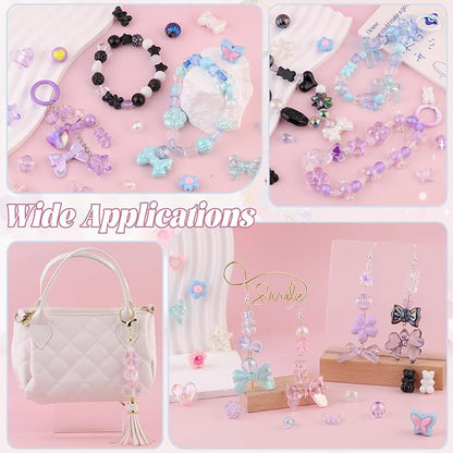 Assorted Acrylic Beads, 200-260PCS Purple Cute Beads for Bracelet Making, GummyBear Bow Flower Candy Kawaii Charms for Jewelry Making DIY Necklace Keychain Phone Charm Christmas Gift