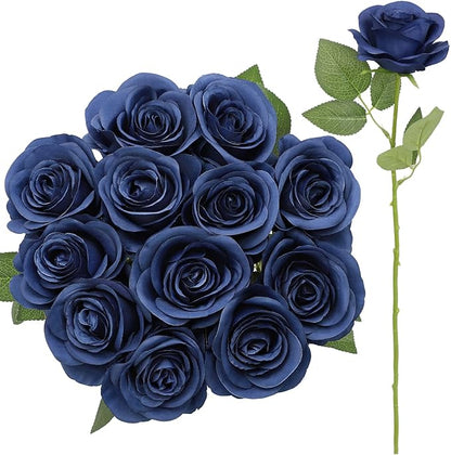 12pcs Roses Artificial Flowers Navy Blue Fake Roses Flowers with Long Stems Silk Flowers for Wedding Bouquet Centerpices Decorations Party Bridal Baby Shower Home Decor