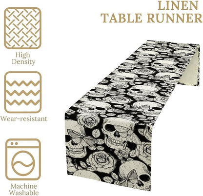 Gothic Table Runner,Black White Skeleton Flower Moth Print Table Runner for Home Kitchen Table Dining Garden Farmhouse Wedding Party Decor 13x120 Inch
