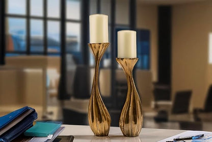 Modern Day Accents 4111 Tulipan Wavy Pillar Candleholders, Set of 2, Gold Candlestick Holders, Pillar Candles, Decorative Candle Holders for Home and Room Decor, 16.5" and 14" H