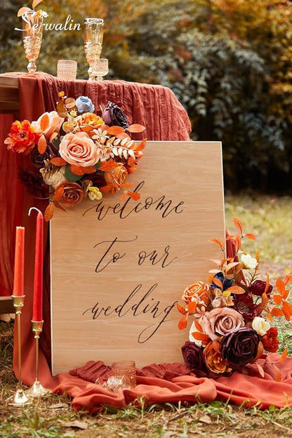 Serwalin Artificial Fall Flowers Orange Burgundy Silk Flowers Wedding Flowers Combo for Cake Home Party Decoration, Fake Flowers for Bridal Bouquets Floral Arrangements
