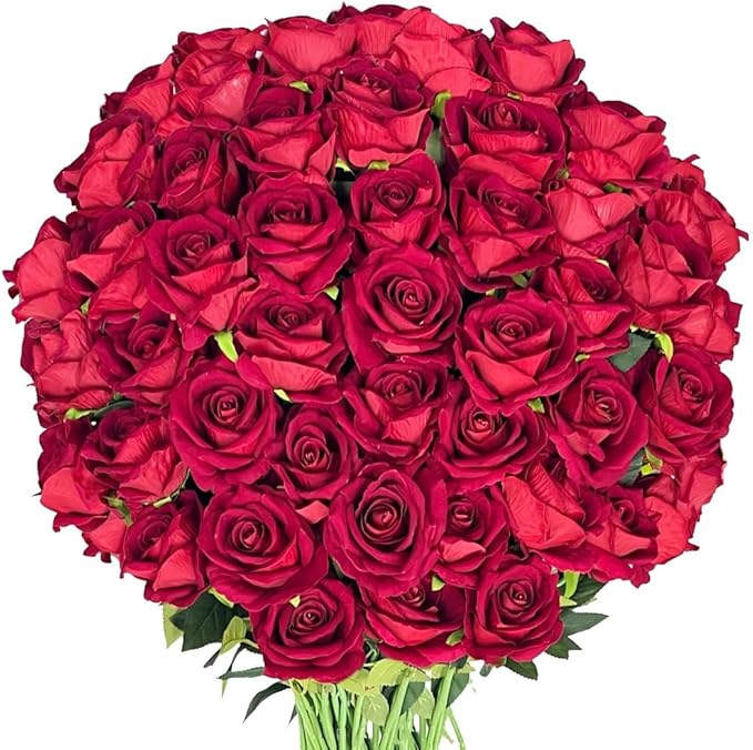 Artificial Roses 50PCS Large Velvet Silk Rose 4.14" Realistic Fake Flowers in Bulk for Flower Arrangement Wedding Centerpieces Home Party Decor (Red)