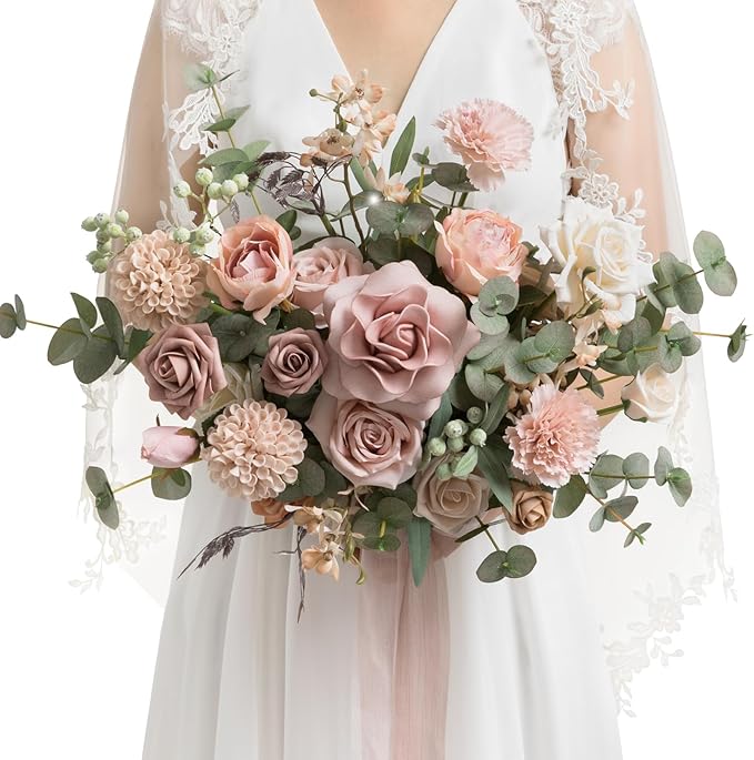 Ling's moment Dusty Rose Wedding Bouquets for Bride, Pink Bridal Bouquets for Bride, 13 Inch Free Form Artificial Wedding Flower Bouquet