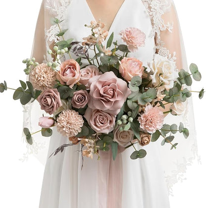 Ling's moment Dusty Rose Wedding Bouquets for Bride, Pink Bridal Bouquets for Bride, 13 Inch Free Form Artificial Wedding Flower Bouquet