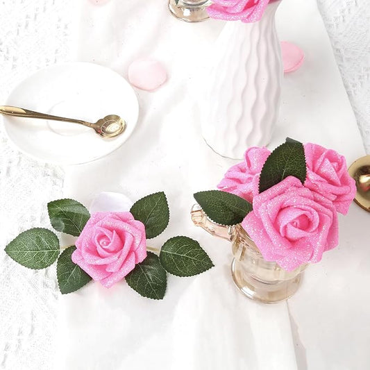IPOPU Pink Glitter Roses,25PCS Fake Roses Sparkle Roses Bouquet Roses Artificial Flowers with Stems for Cake Wedding Bouquet Home Party Decoration(Dark Pink)