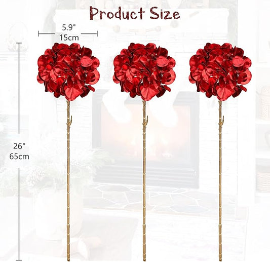 Hollyone 3Pcs Artificial Hydrangea Flowers Red Christmas Ornaments Flowers 26inch Fake Hydrangea Flower Floral Arrangements Bouquets Xmas Faux Hydrangeas Stems Wedding Party Christmas Home Decor
