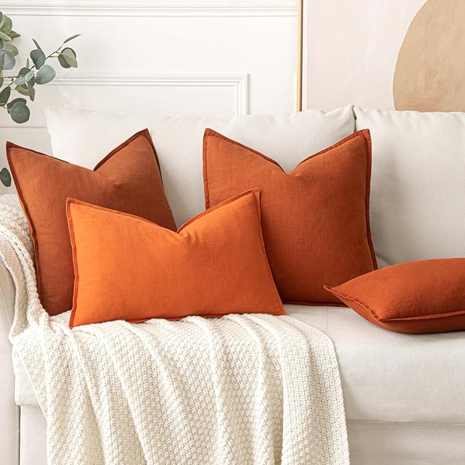MIULEE Decorative Linen Pillow Covers 18x18 Inch Orange Boho Farmhouse Neutral Couch Throw Pillows for Bed Pack of 2 Accent Modern Pillowcase Summer Sofa Livingroom Home Decor