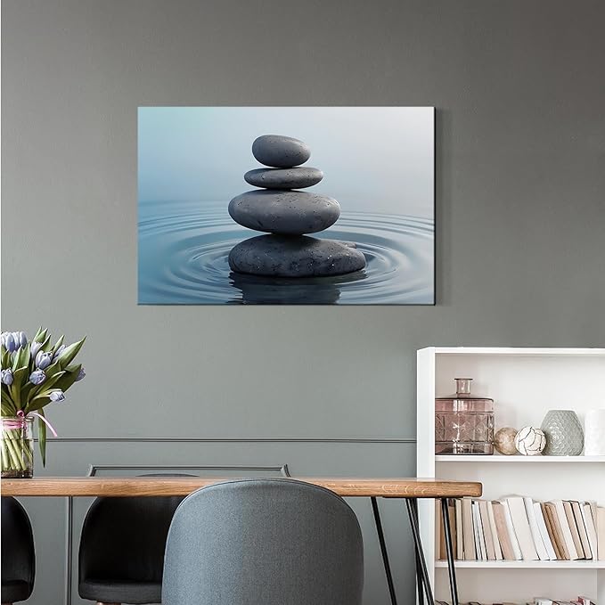 Zen wall art Harmonious grey stones stacked on a calm surface of water Serene Zen decor suitable for tranquil homes and spaces of meditation 24x36in Wood Framed