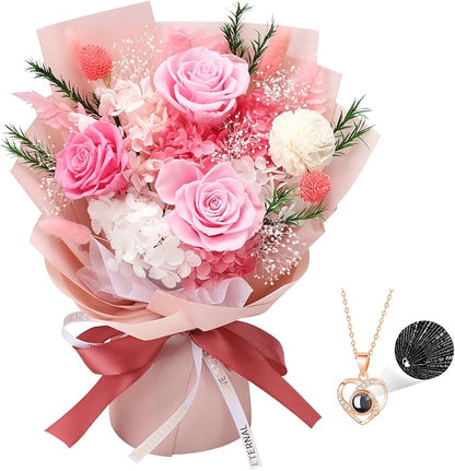 Preserved Flowers for Delivery, Pink Flower Bouquets with Necklace, Forever Real Roses Anniversary Birthday Gifts for Women Mom Wife Girlfriend, Fresh Flowers for Valentines Day Christmas
